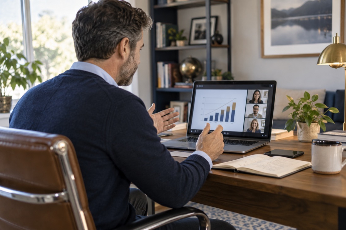 AI illustration: A consultant collaborating over a video call